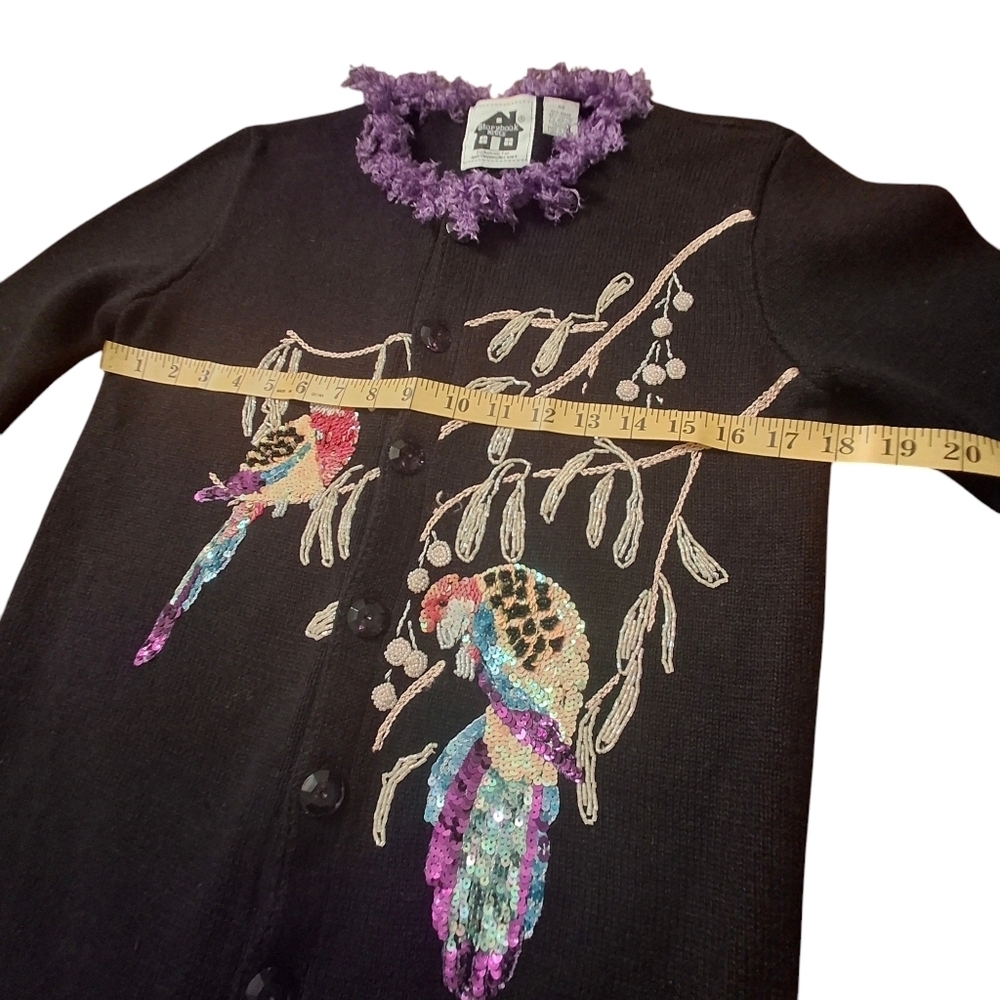 Storybook Knit Black Embellished Cardigan Sweater "Parrot Fancy"  Women Size XS - Picture 12 of 14